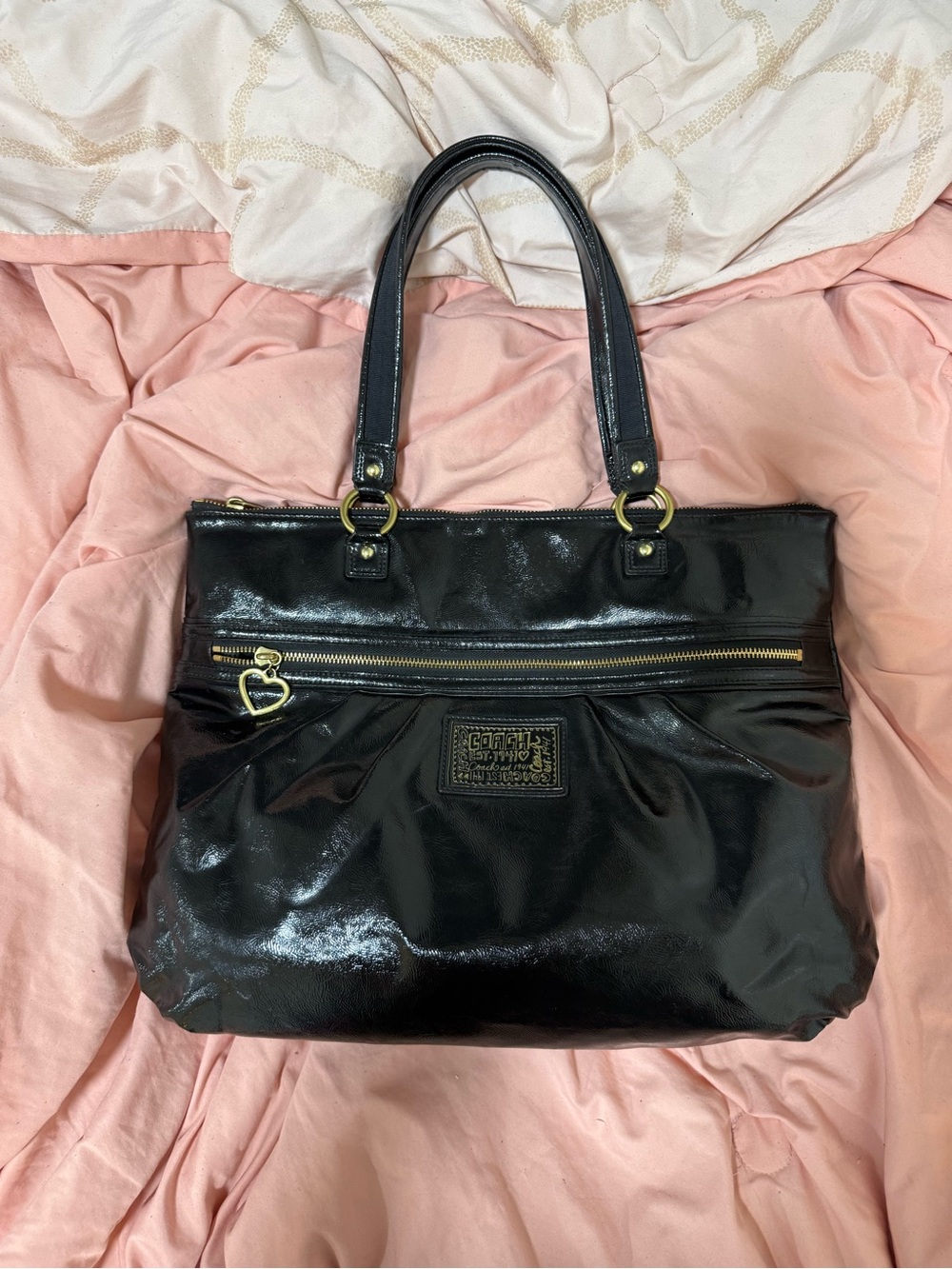 Coach Black Patent Tote with Gold Hardware and Heart Charm